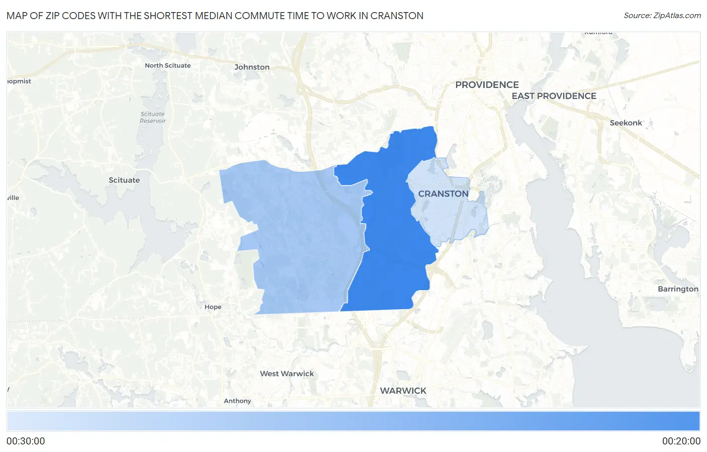 Zip Codes with the Shortest Median Commute Time to Work in Cranston Map