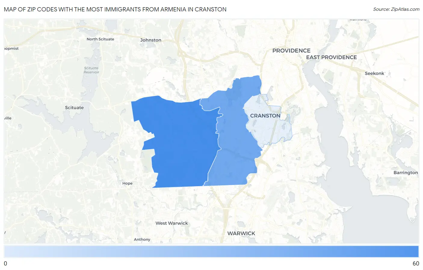 Zip Codes with the Most Immigrants from Armenia in Cranston Map