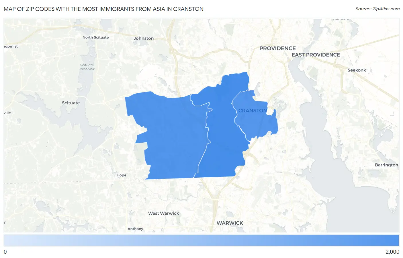 Zip Codes with the Most Immigrants from Asia in Cranston Map