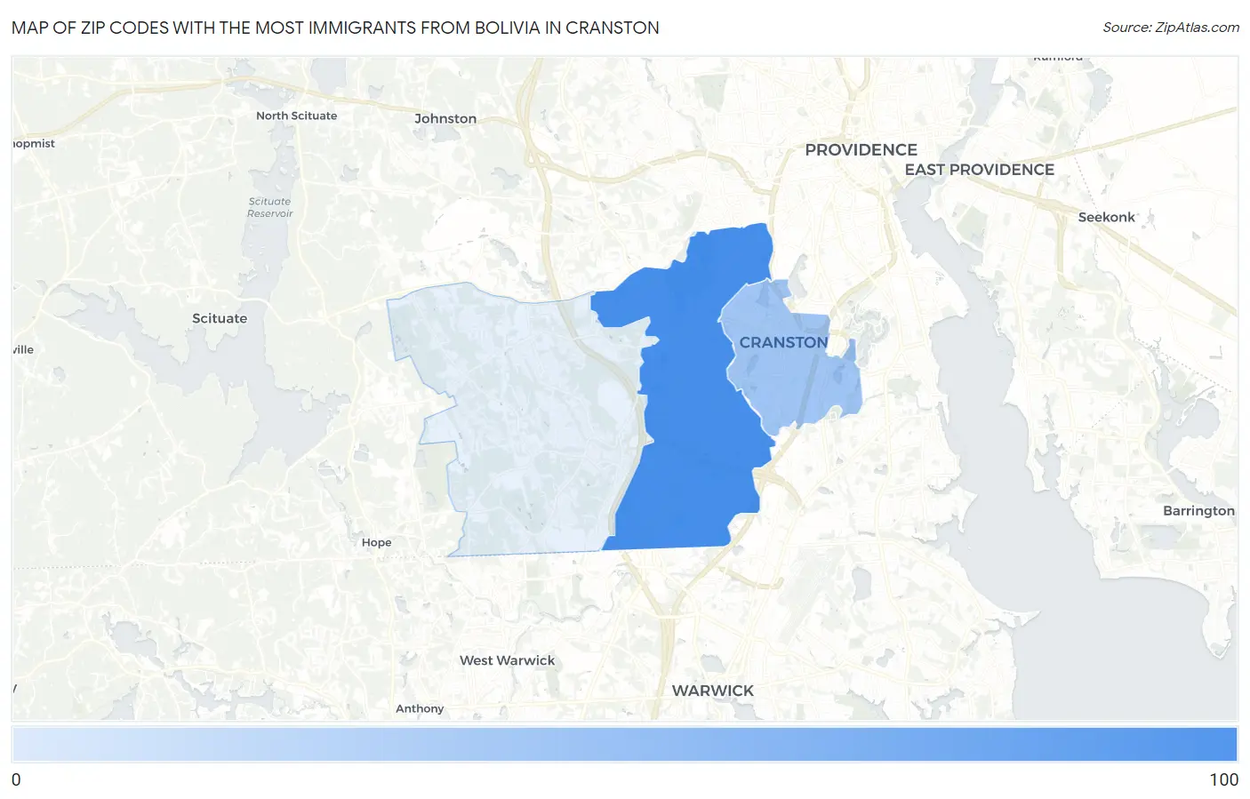 Zip Codes with the Most Immigrants from Bolivia in Cranston Map