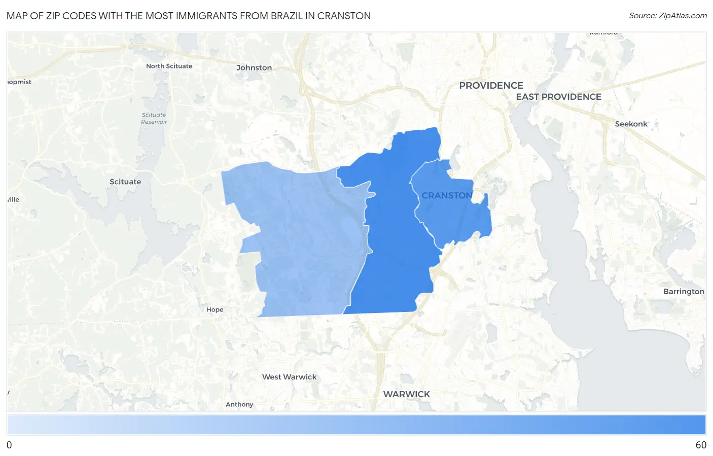 Zip Codes with the Most Immigrants from Brazil in Cranston Map
