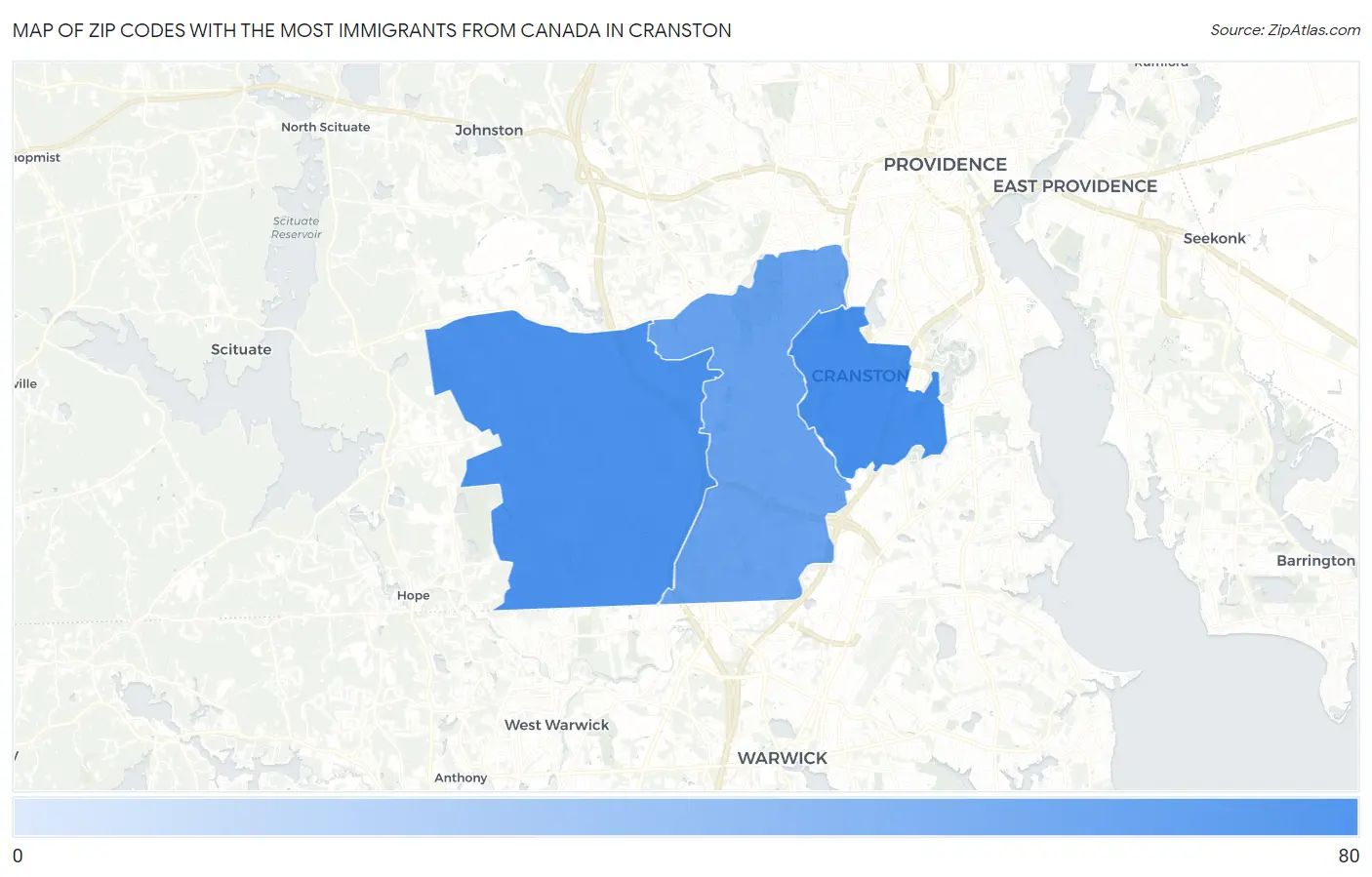 Zip Codes with the Most Immigrants from Canada in Cranston Map