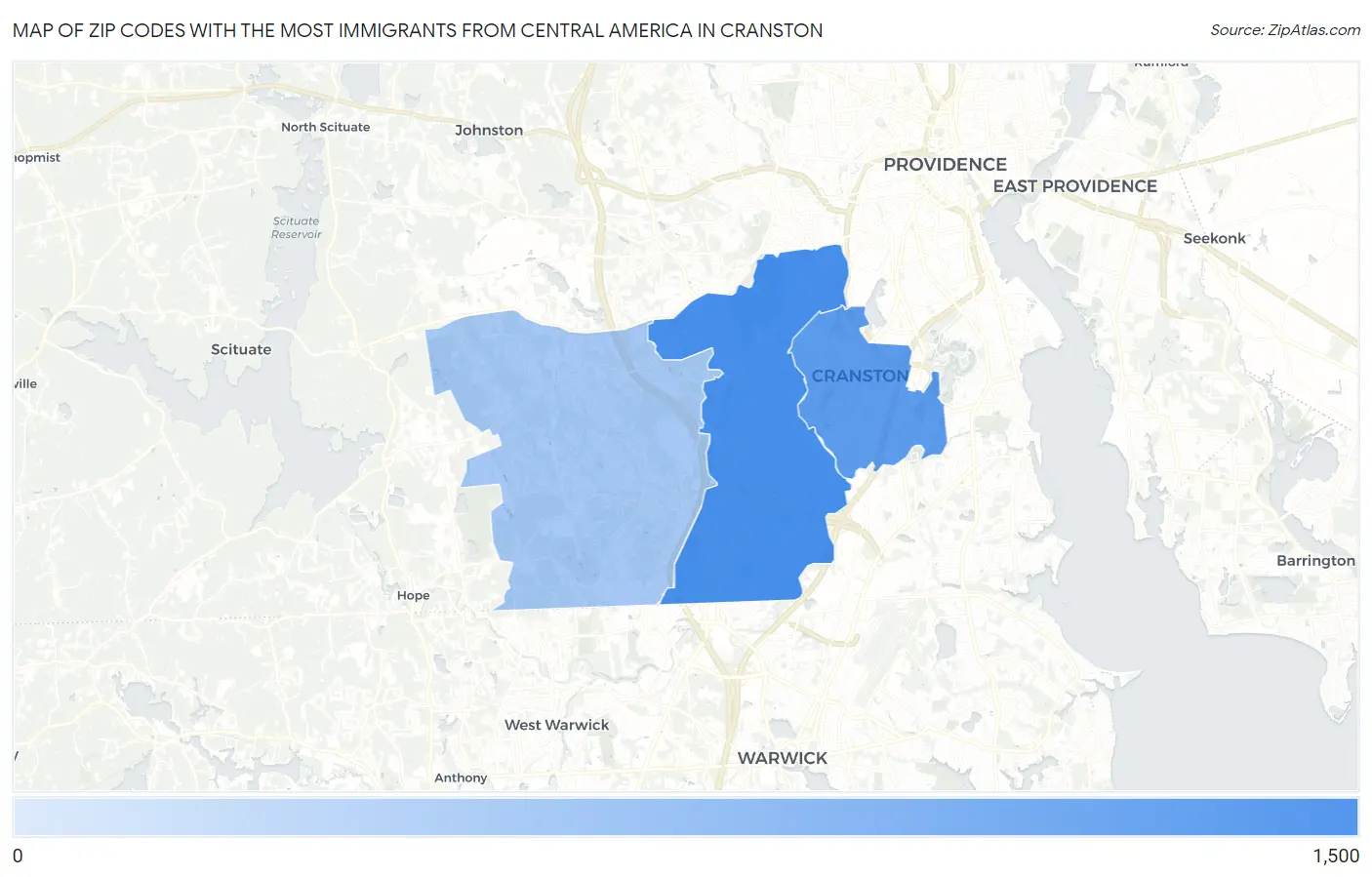 Zip Codes with the Most Immigrants from Central America in Cranston Map