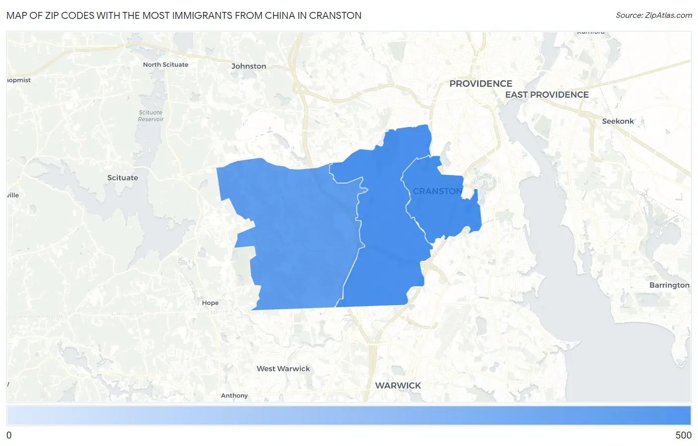 Zip Codes with the Most Immigrants from China in Cranston Map