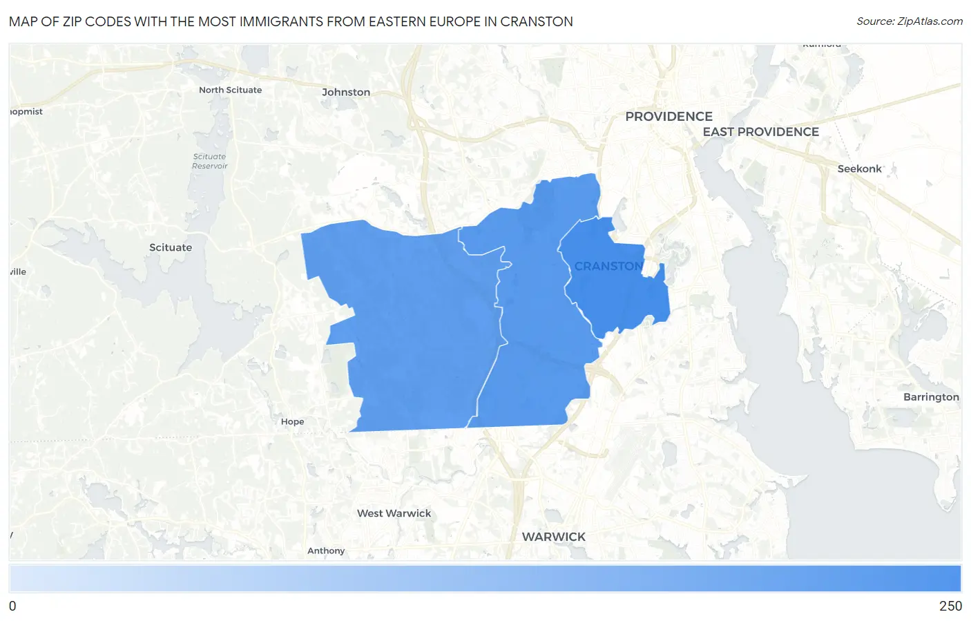 Zip Codes with the Most Immigrants from Eastern Europe in Cranston Map