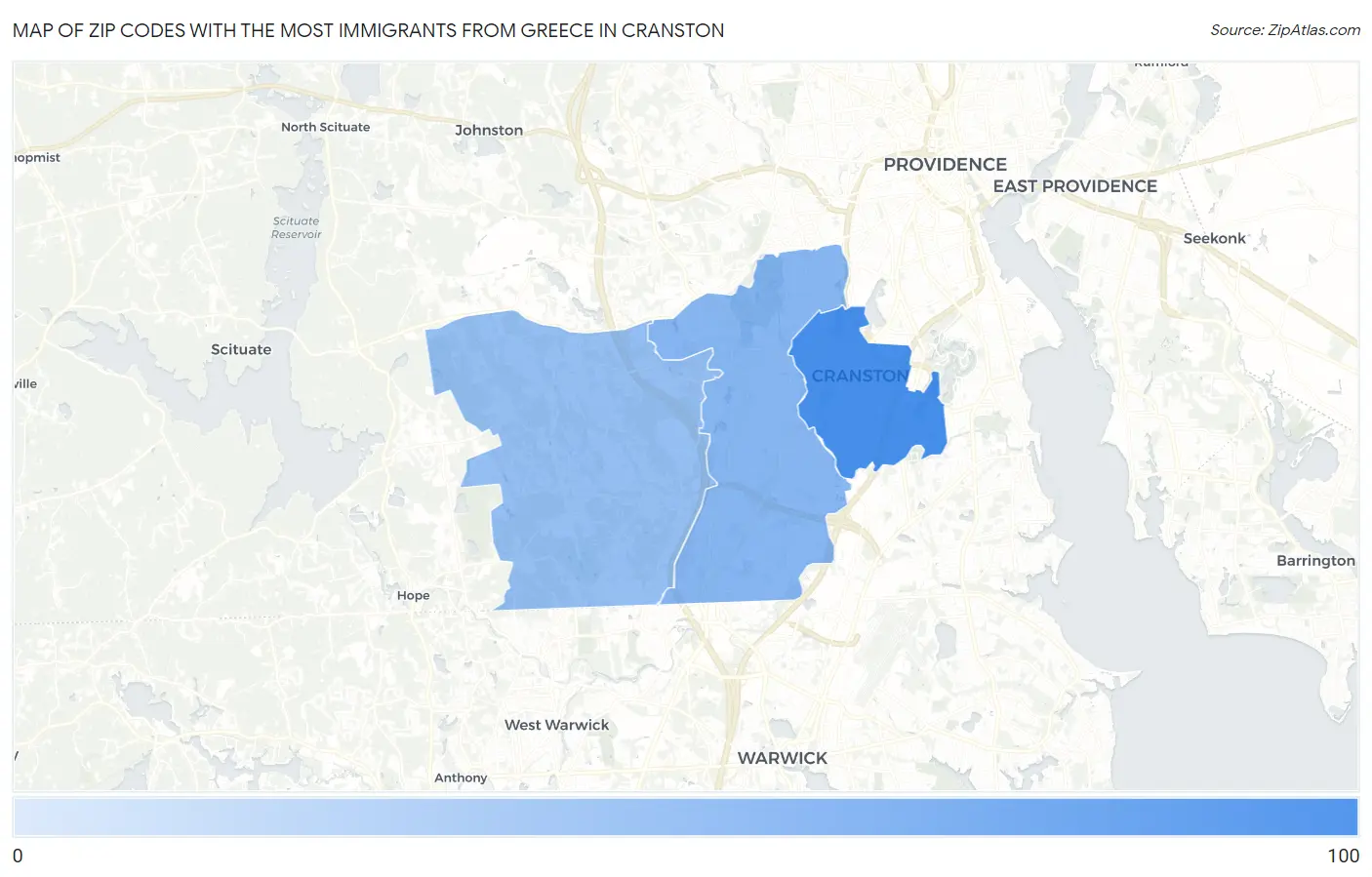 Zip Codes with the Most Immigrants from Greece in Cranston Map