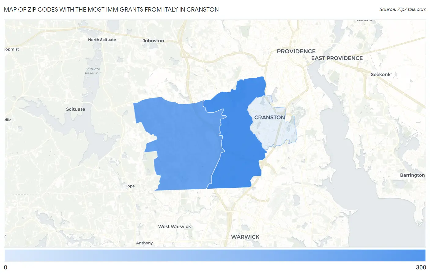 Zip Codes with the Most Immigrants from Italy in Cranston Map