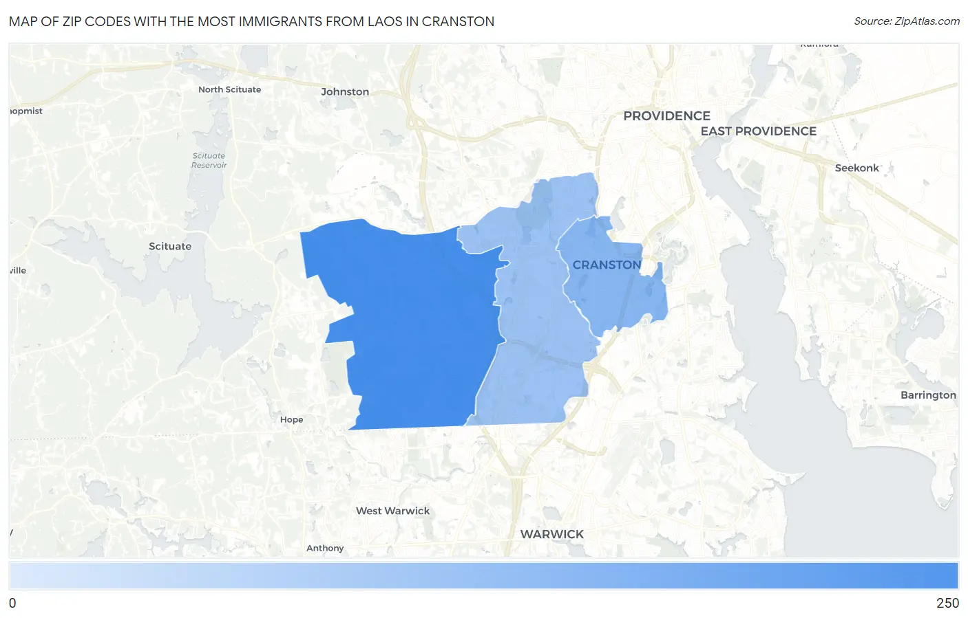 Zip Codes with the Most Immigrants from Laos in Cranston Map