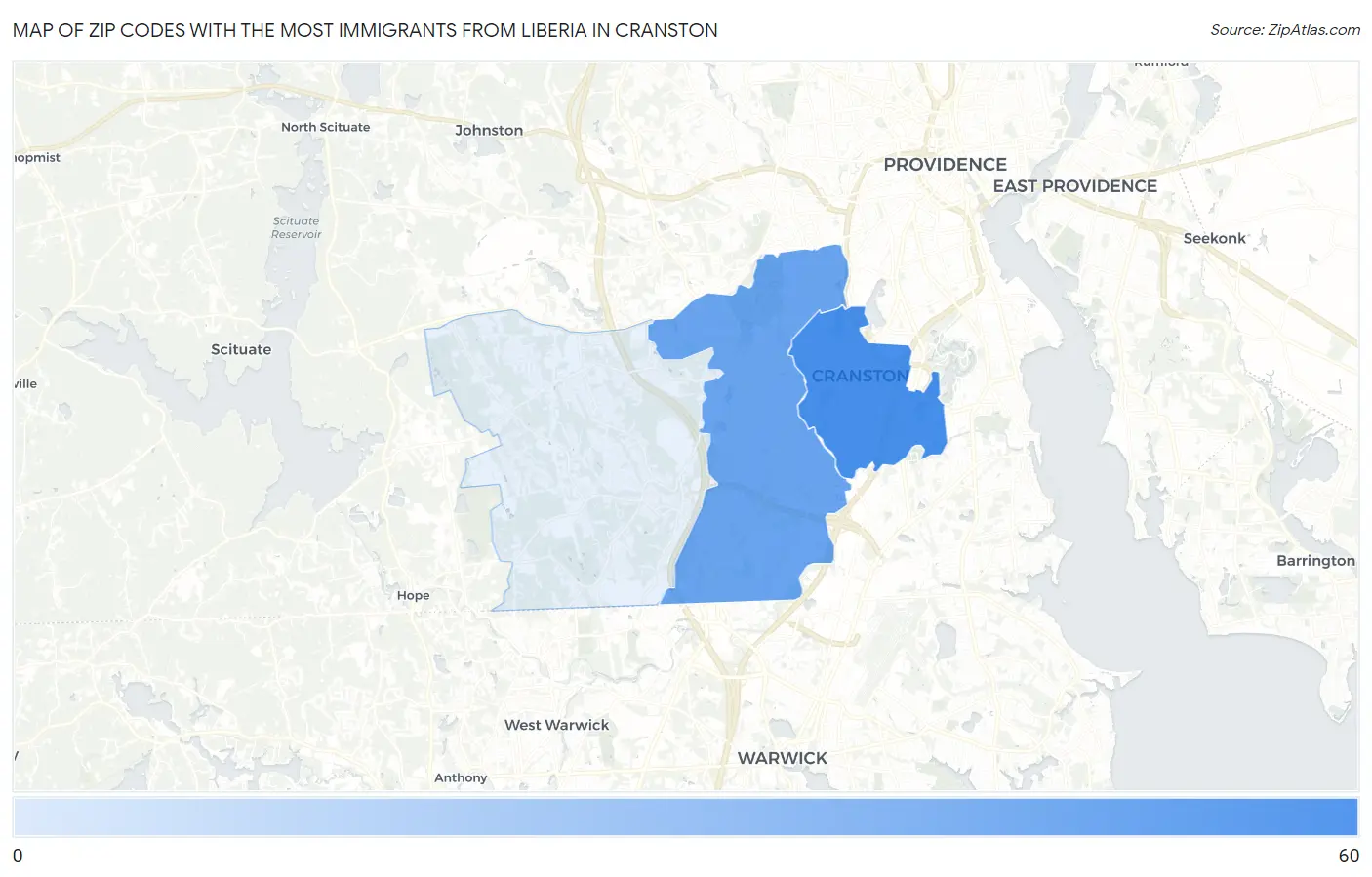 Zip Codes with the Most Immigrants from Liberia in Cranston Map