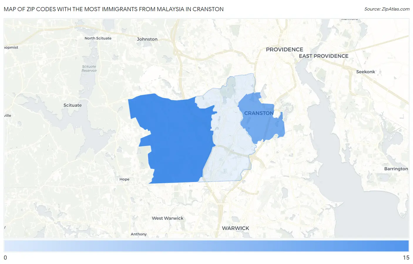 Zip Codes with the Most Immigrants from Malaysia in Cranston Map