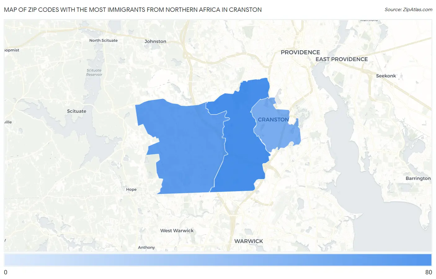 Zip Codes with the Most Immigrants from Northern Africa in Cranston Map
