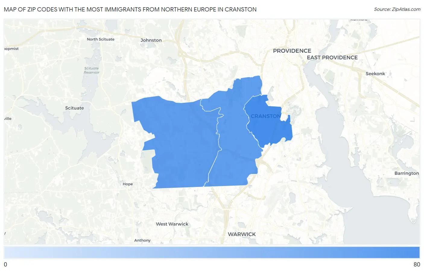 Zip Codes with the Most Immigrants from Northern Europe in Cranston Map