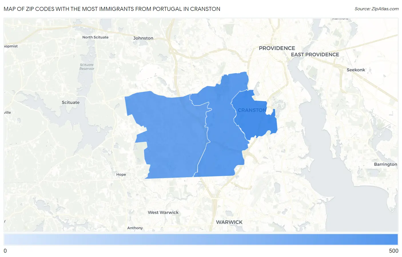Zip Codes with the Most Immigrants from Portugal in Cranston Map