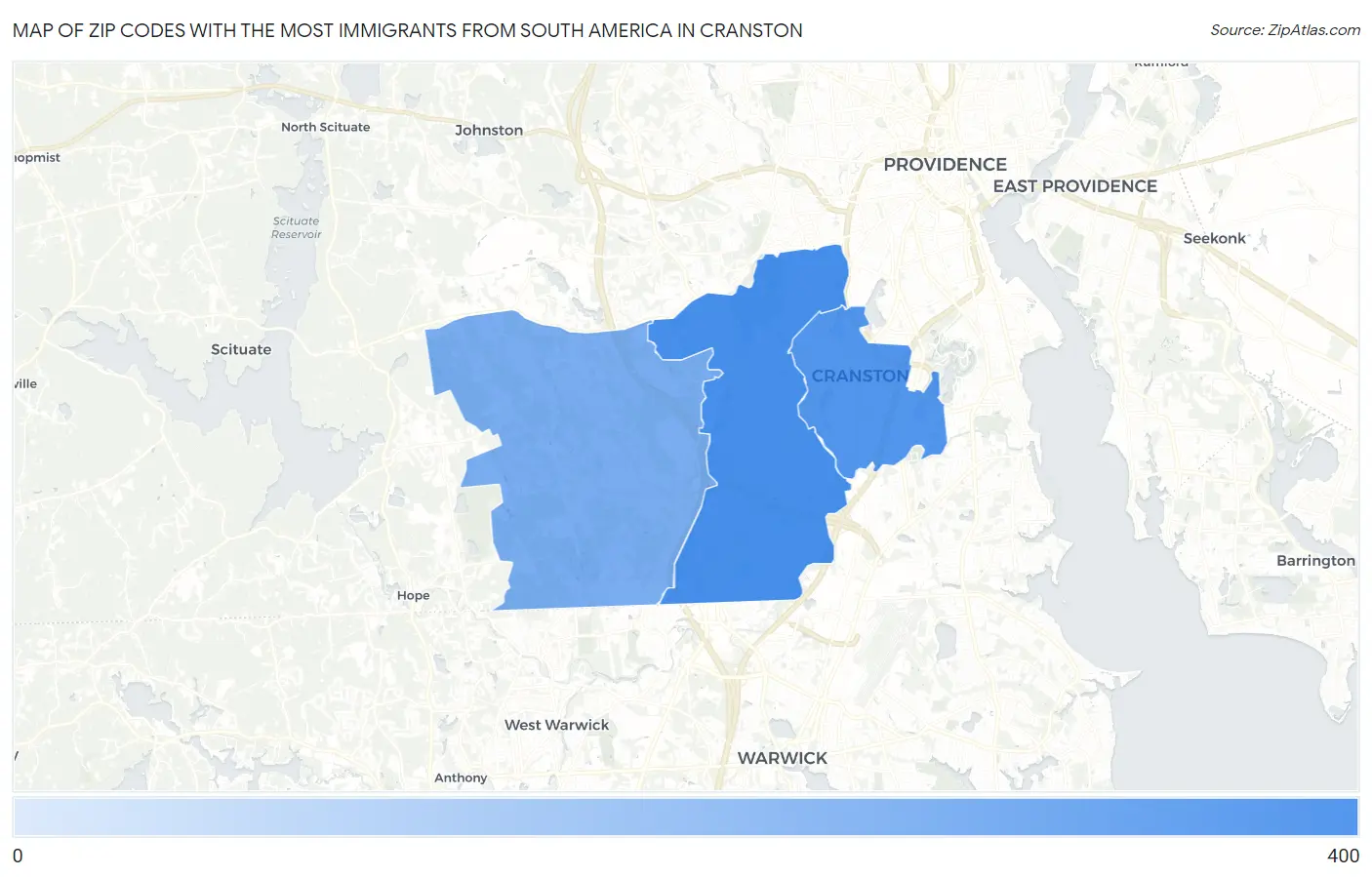 Zip Codes with the Most Immigrants from South America in Cranston Map