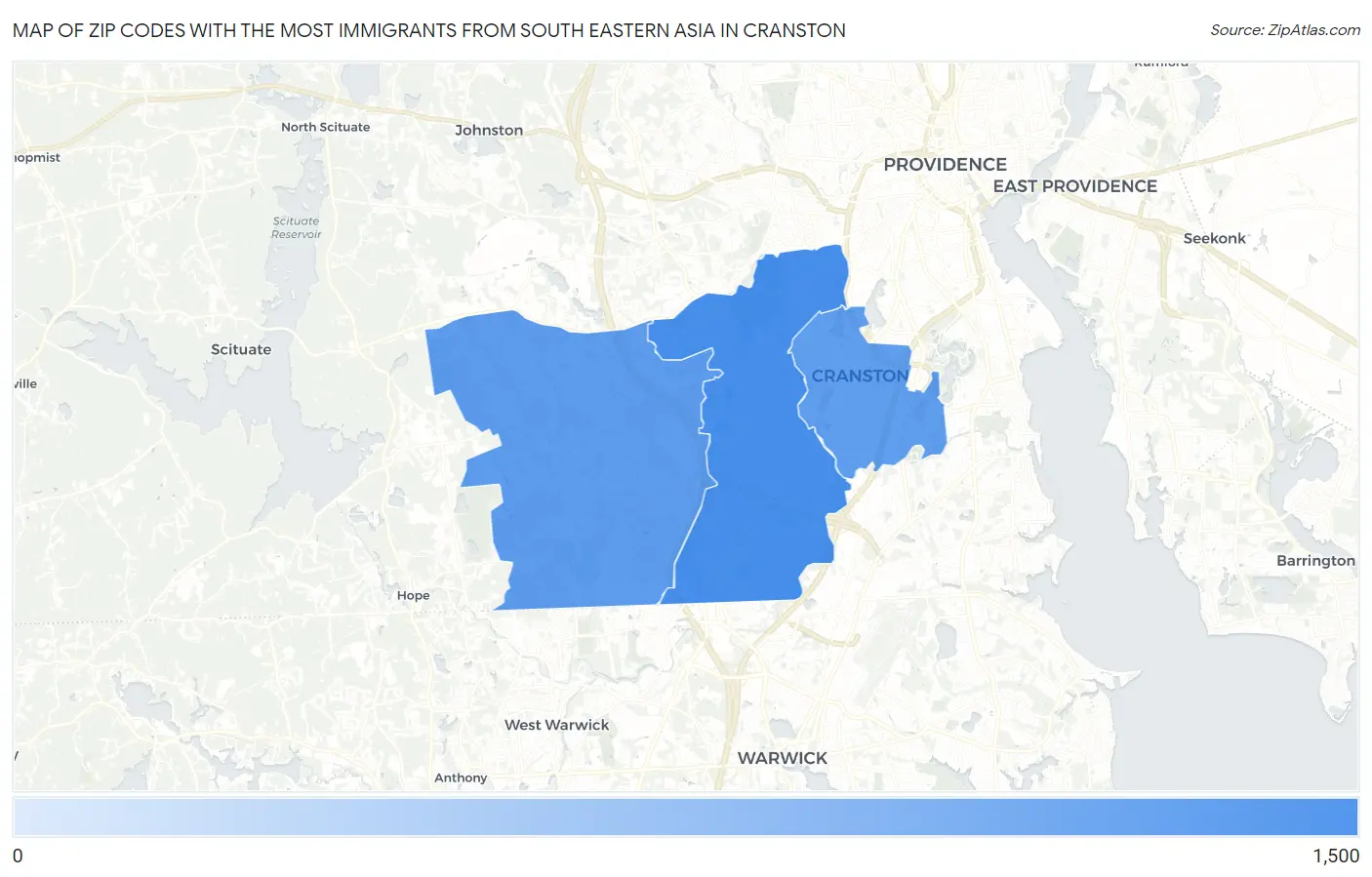 Zip Codes with the Most Immigrants from South Eastern Asia in Cranston Map