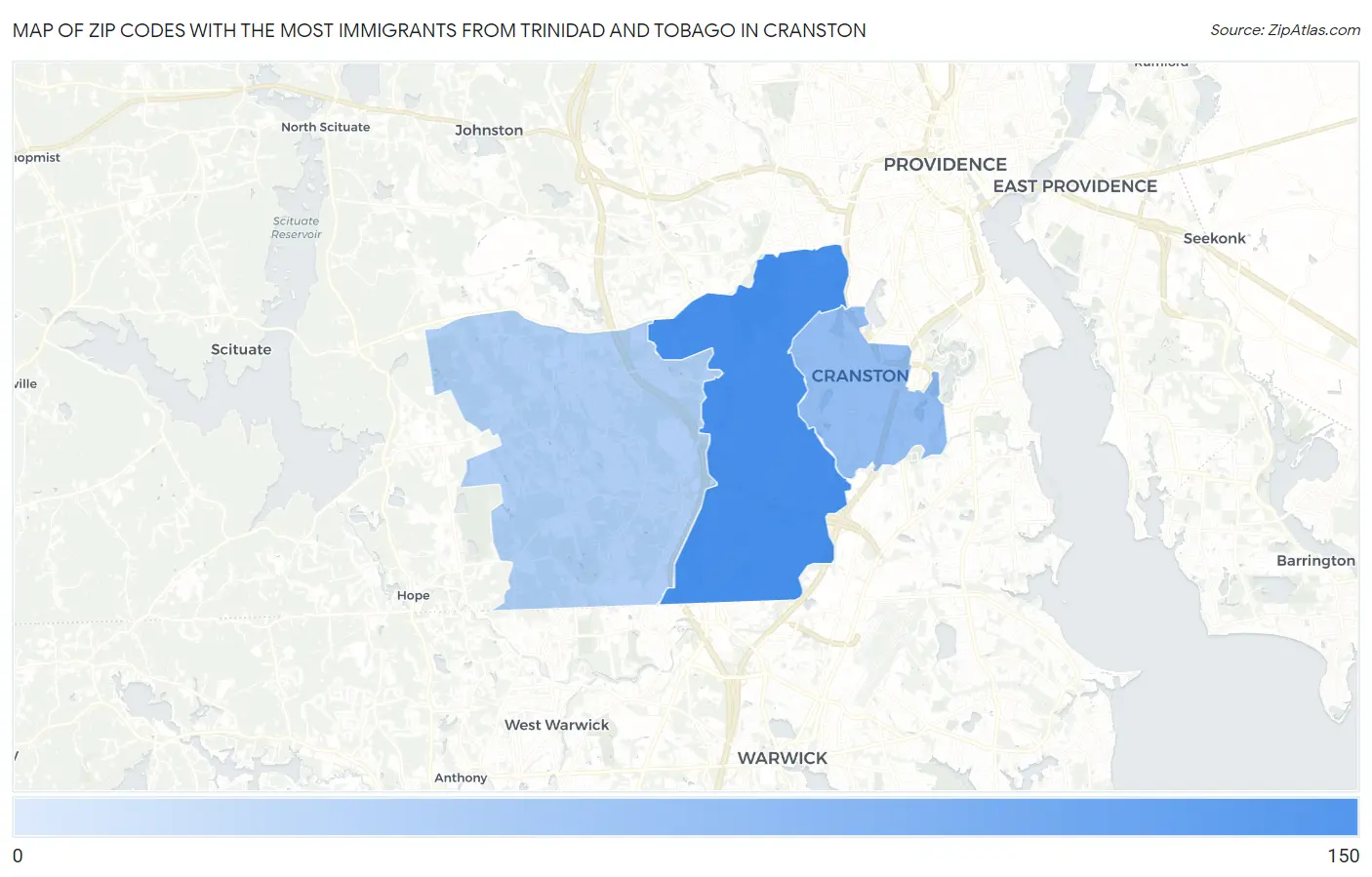Zip Codes with the Most Immigrants from Trinidad and Tobago in Cranston Map
