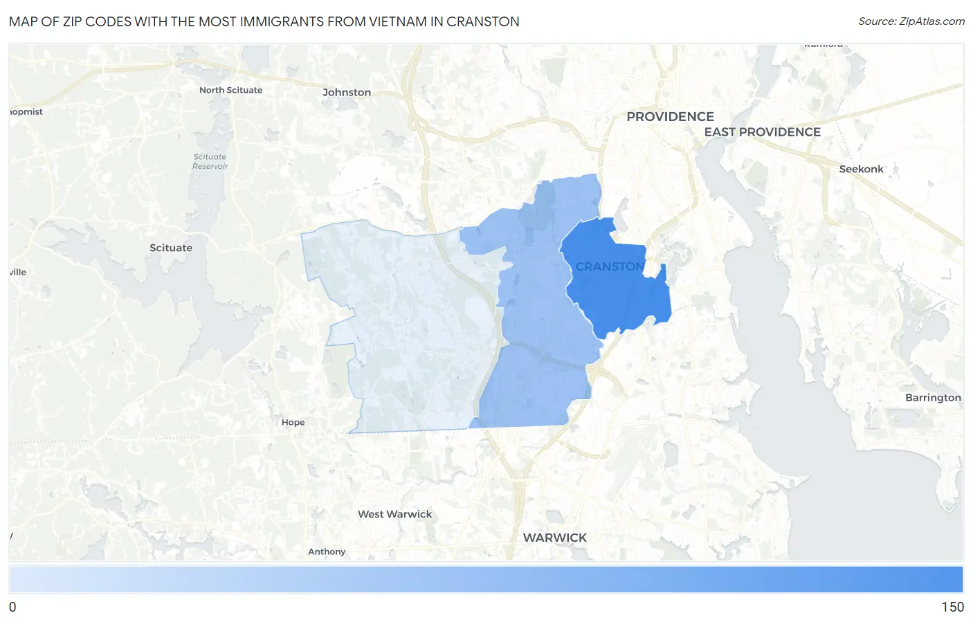 Zip Codes with the Most Immigrants from Vietnam in Cranston Map
