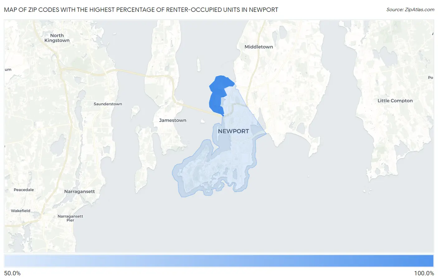 Zip Codes with the Highest Percentage of Renter-Occupied Units in Newport Map