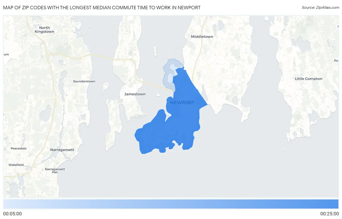 Zip Codes with the Longest Median Commute Time to Work in Newport Map