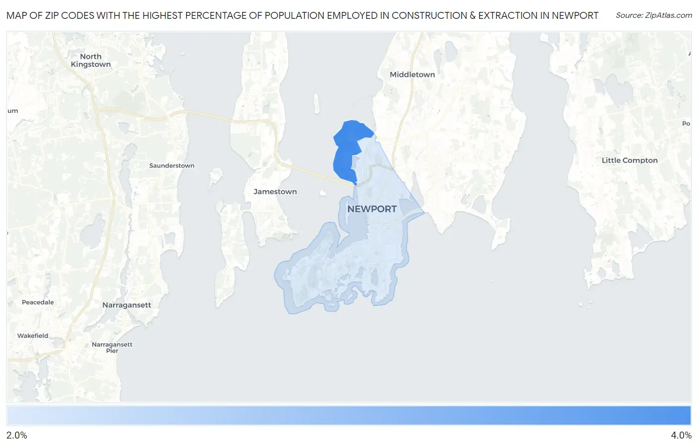 Zip Codes with the Highest Percentage of Population Employed in Construction & Extraction in Newport Map