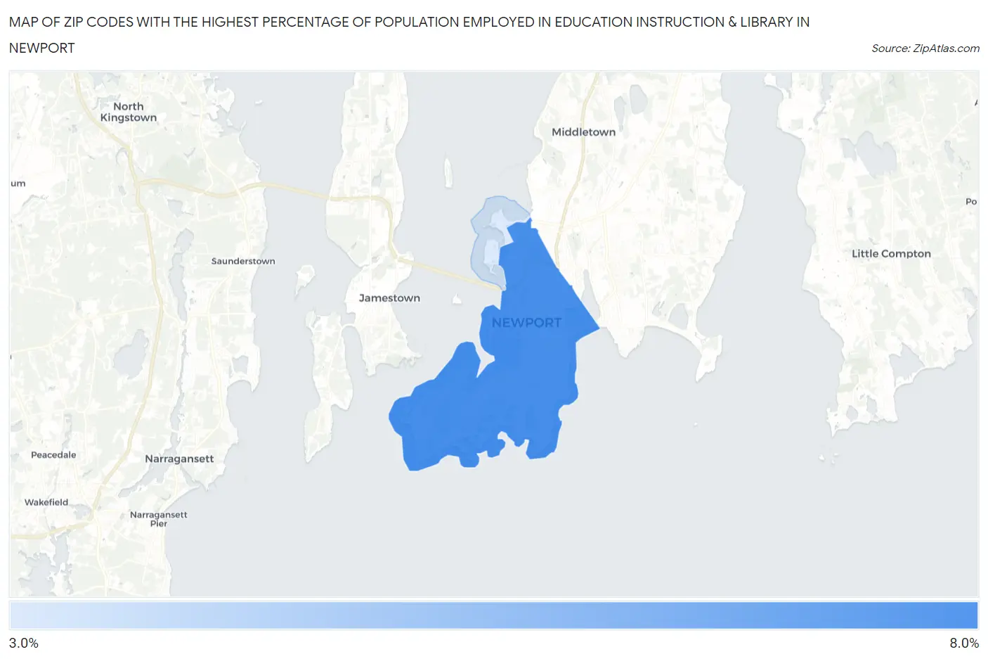 Zip Codes with the Highest Percentage of Population Employed in Education Instruction & Library in Newport Map