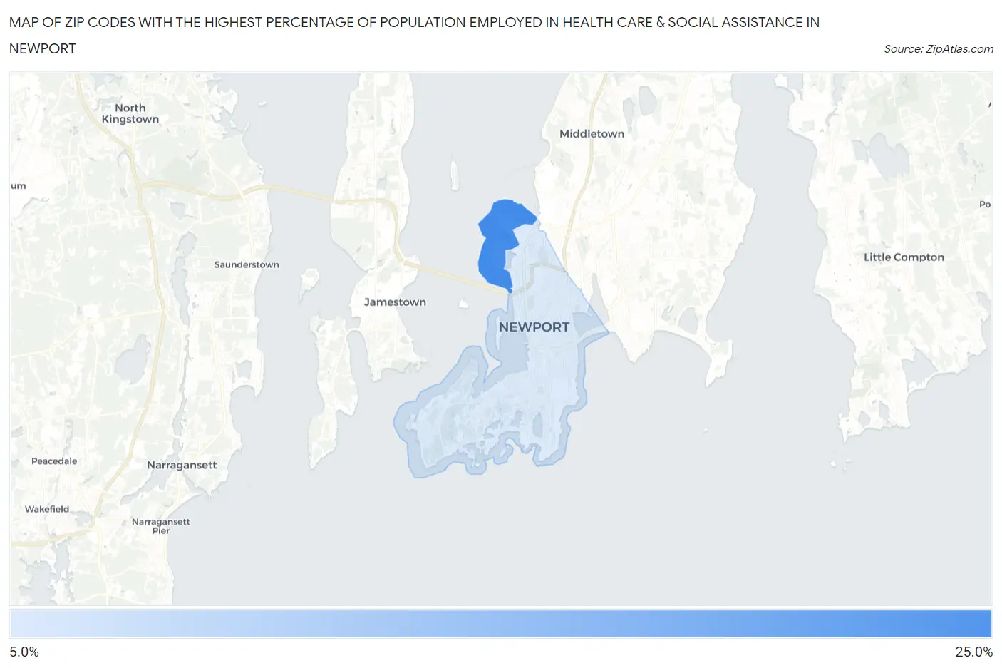 Zip Codes with the Highest Percentage of Population Employed in Health Care & Social Assistance in Newport Map