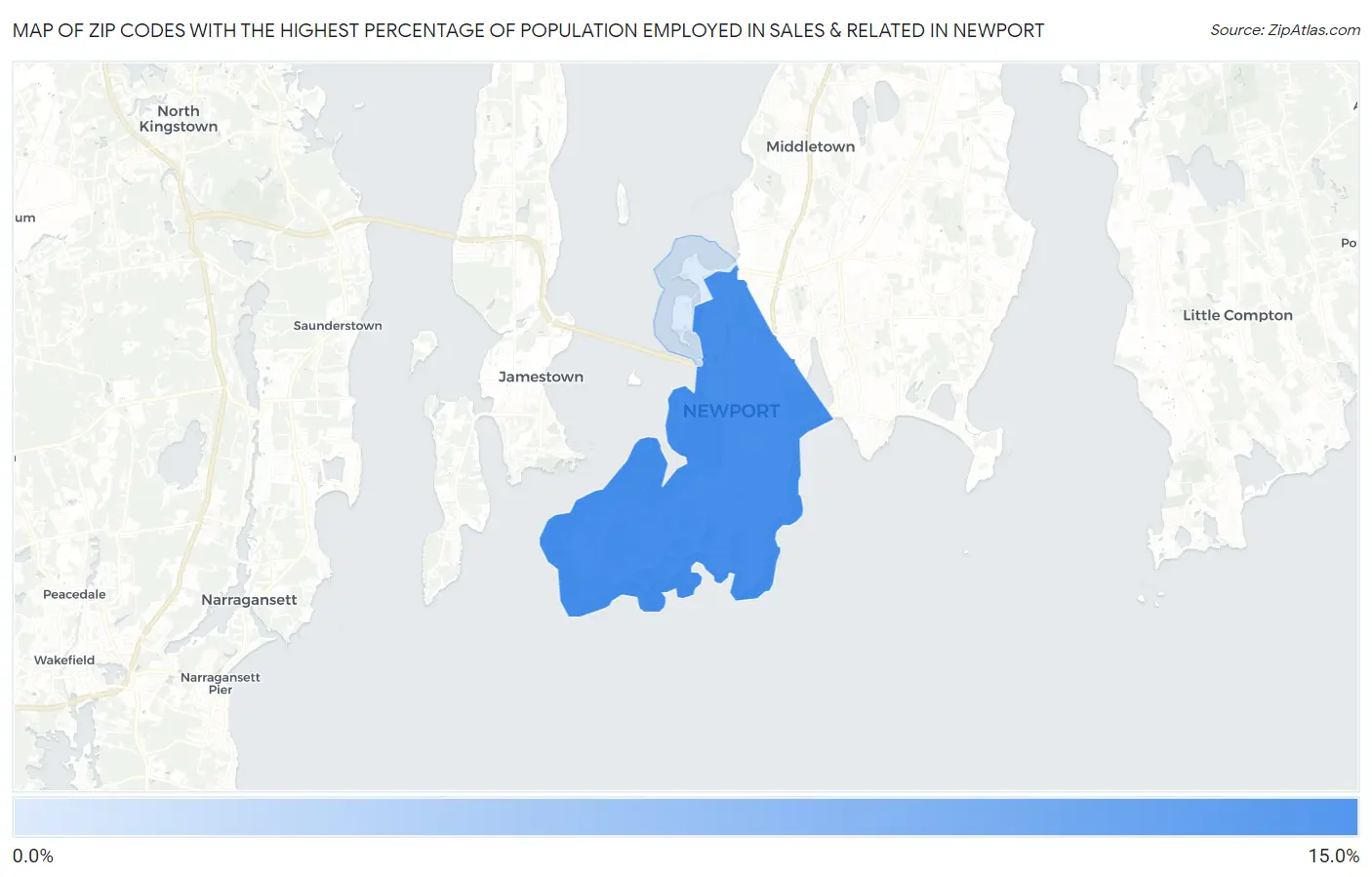 Zip Codes with the Highest Percentage of Population Employed in Sales & Related in Newport Map