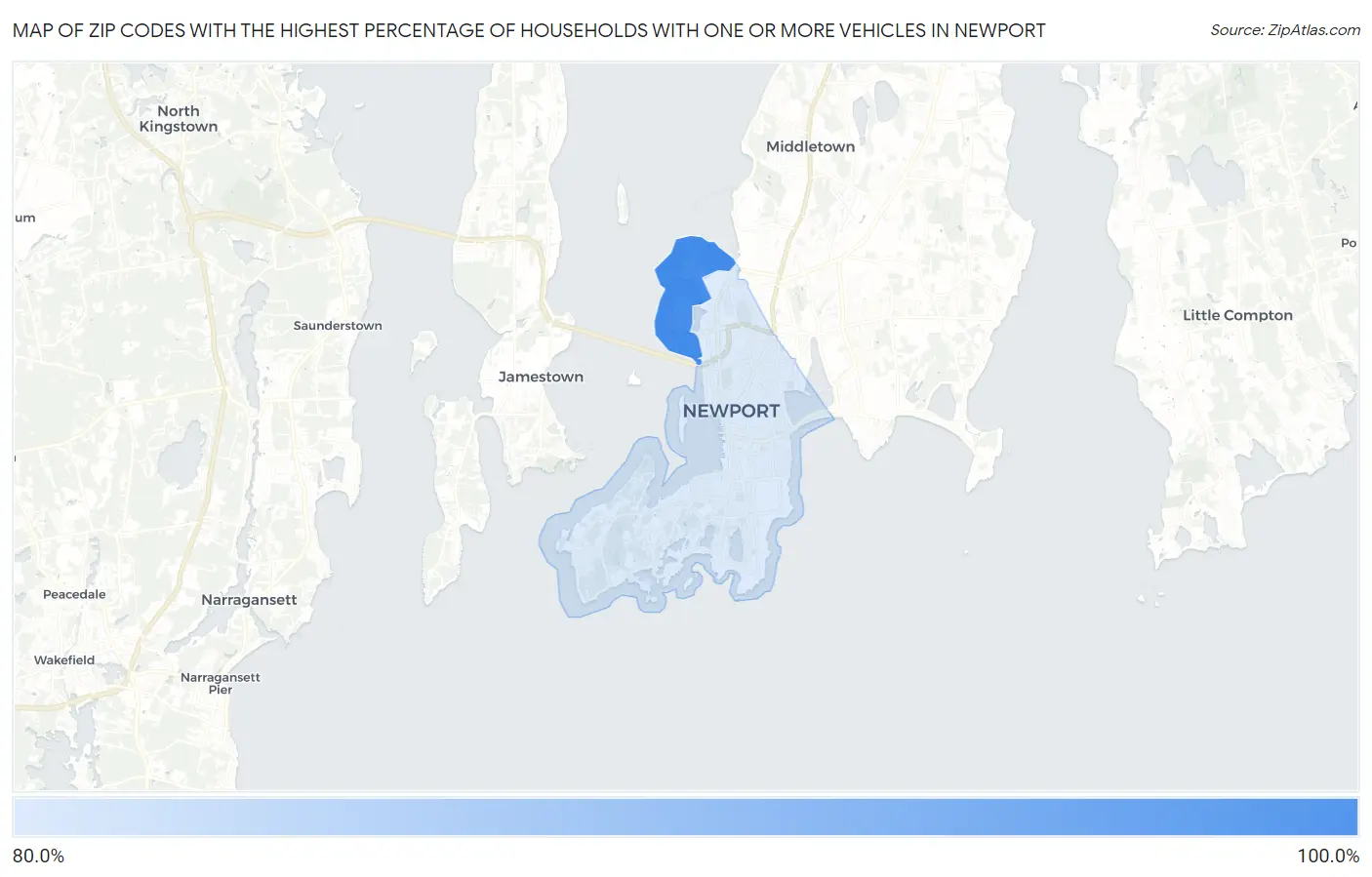 Zip Codes with the Highest Percentage of Households With One or more Vehicles in Newport Map