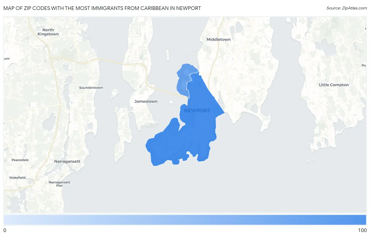 Zip Codes with the Most Immigrants from Caribbean in Newport Map