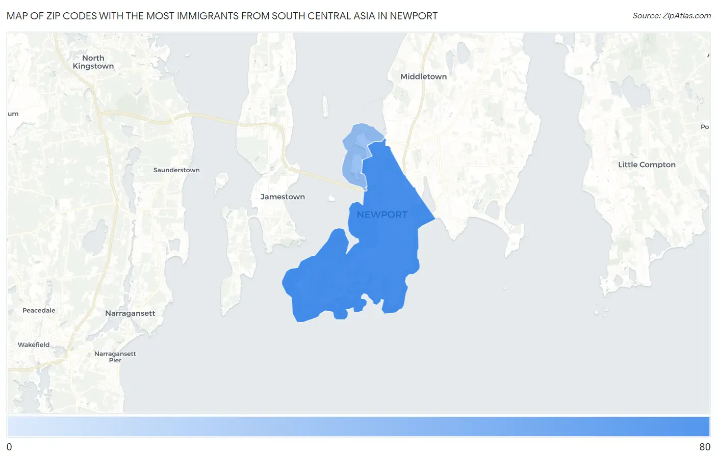 Zip Codes with the Most Immigrants from South Central Asia in Newport Map
