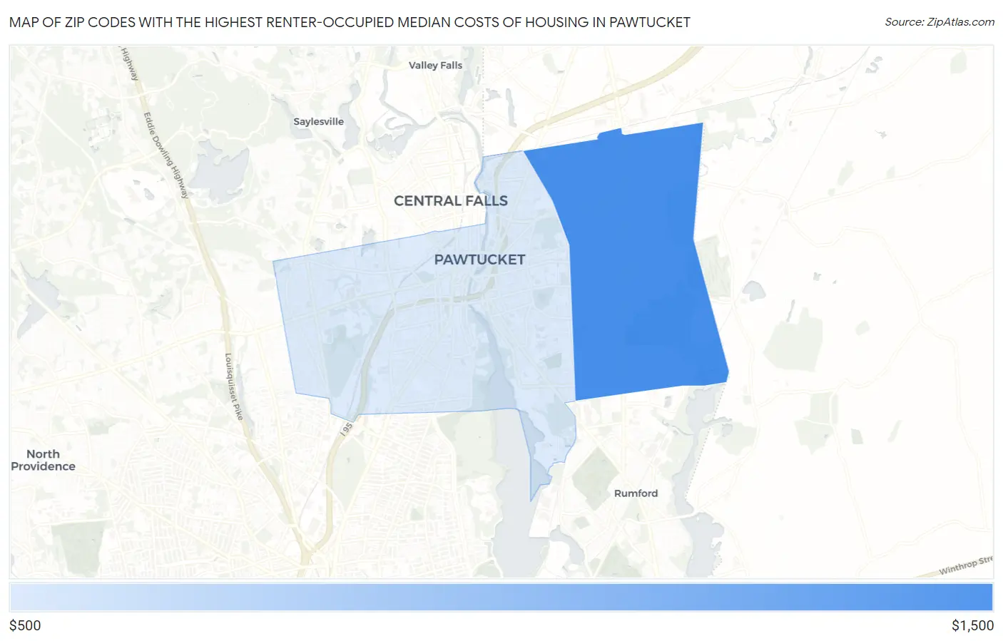 Zip Codes with the Highest Renter-Occupied Median Costs of Housing in Pawtucket Map