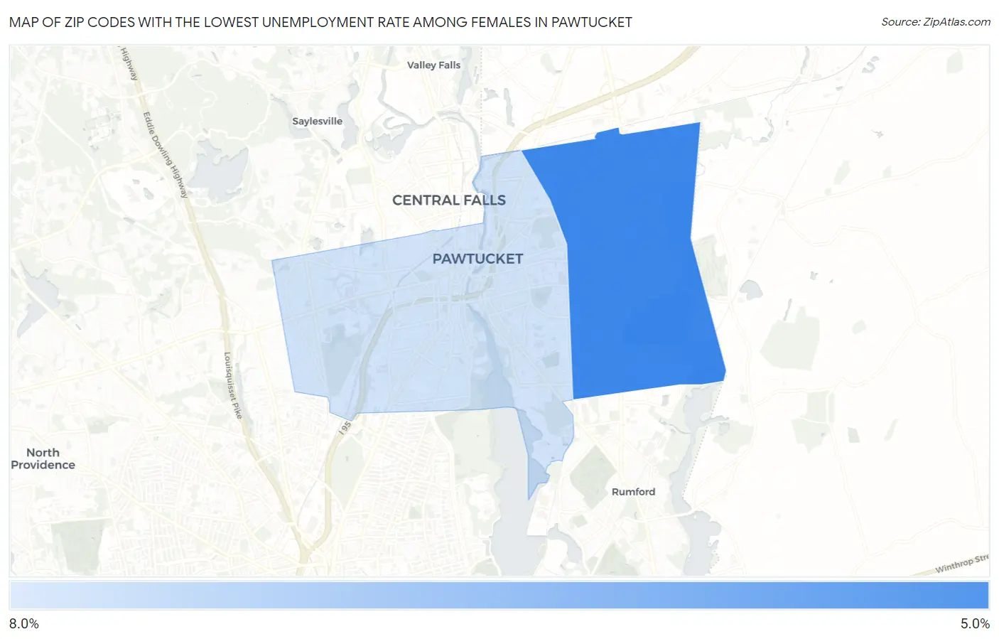 Zip Codes with the Lowest Unemployment Rate Among Females in Pawtucket Map