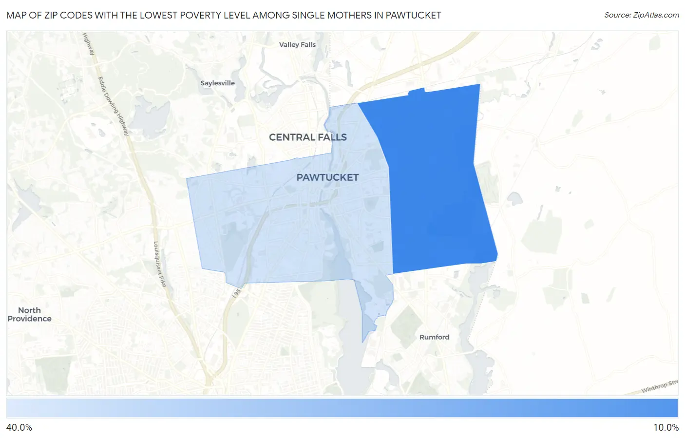 Zip Codes with the Lowest Poverty Level Among Single Mothers in Pawtucket Map