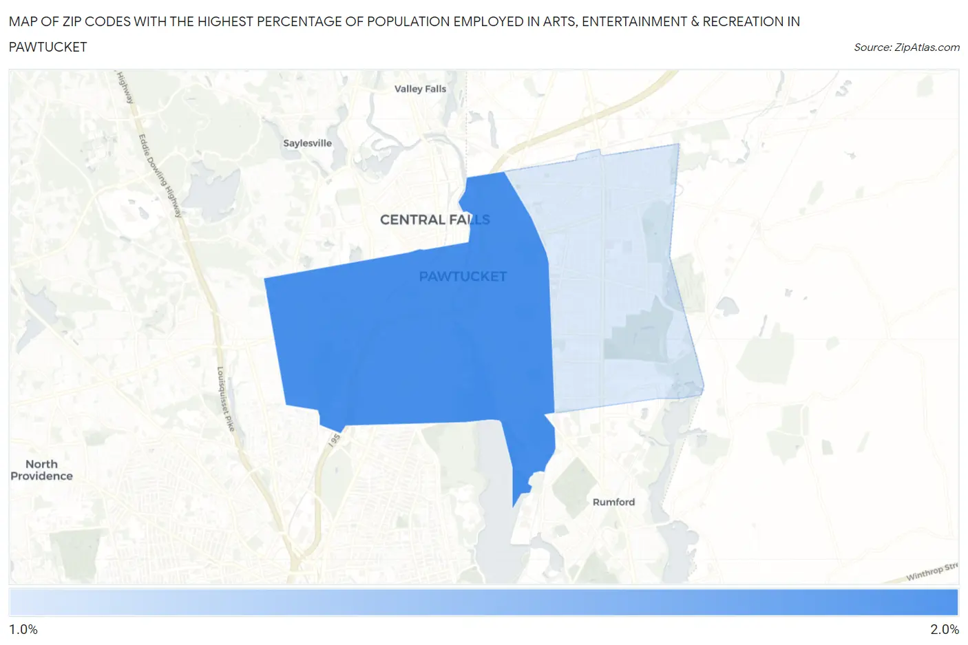 Zip Codes with the Highest Percentage of Population Employed in Arts, Entertainment & Recreation in Pawtucket Map