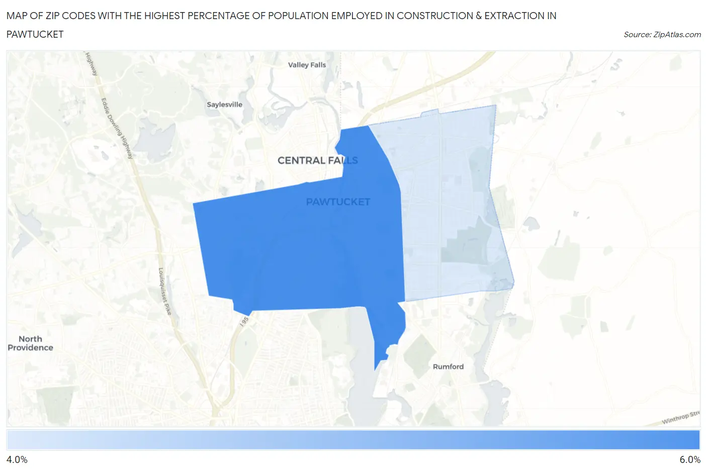 Zip Codes with the Highest Percentage of Population Employed in Construction & Extraction in Pawtucket Map