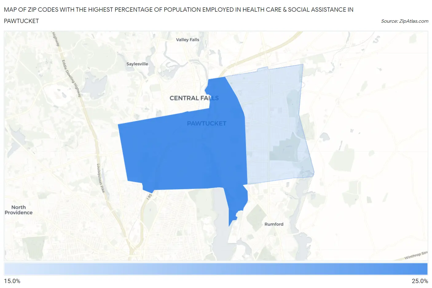 Zip Codes with the Highest Percentage of Population Employed in Health Care & Social Assistance in Pawtucket Map