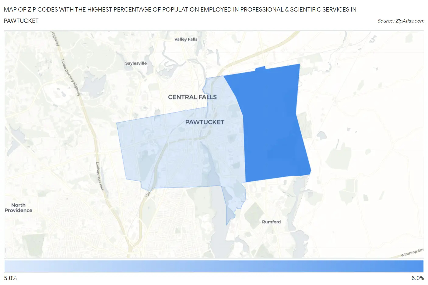 Zip Codes with the Highest Percentage of Population Employed in Professional & Scientific Services in Pawtucket Map