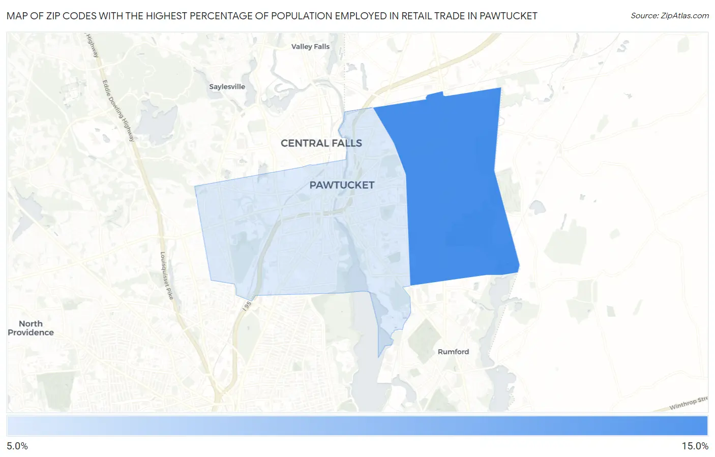 Zip Codes with the Highest Percentage of Population Employed in Retail Trade in Pawtucket Map