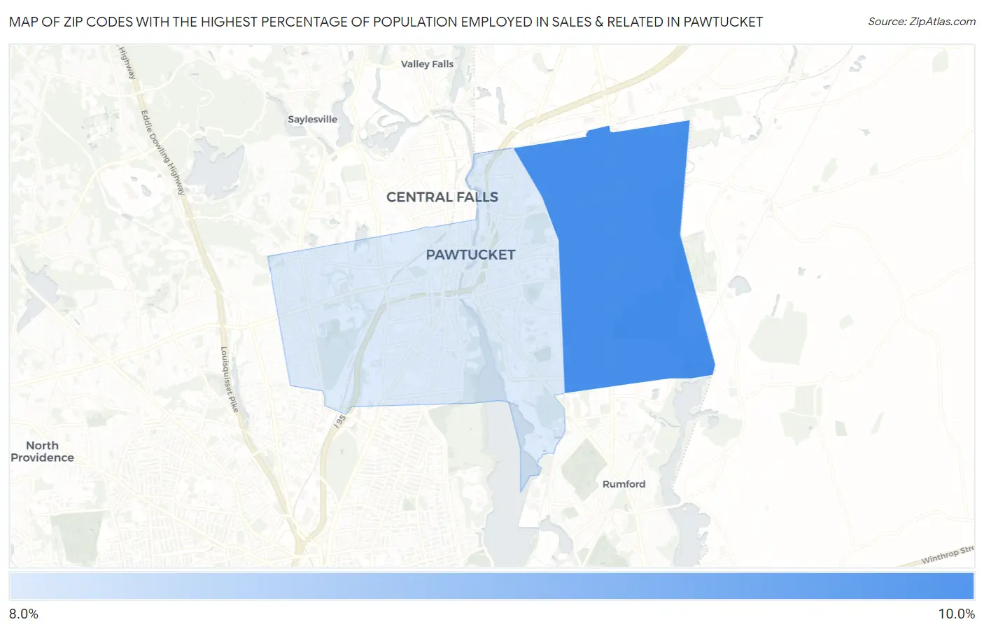 Zip Codes with the Highest Percentage of Population Employed in Sales & Related in Pawtucket Map