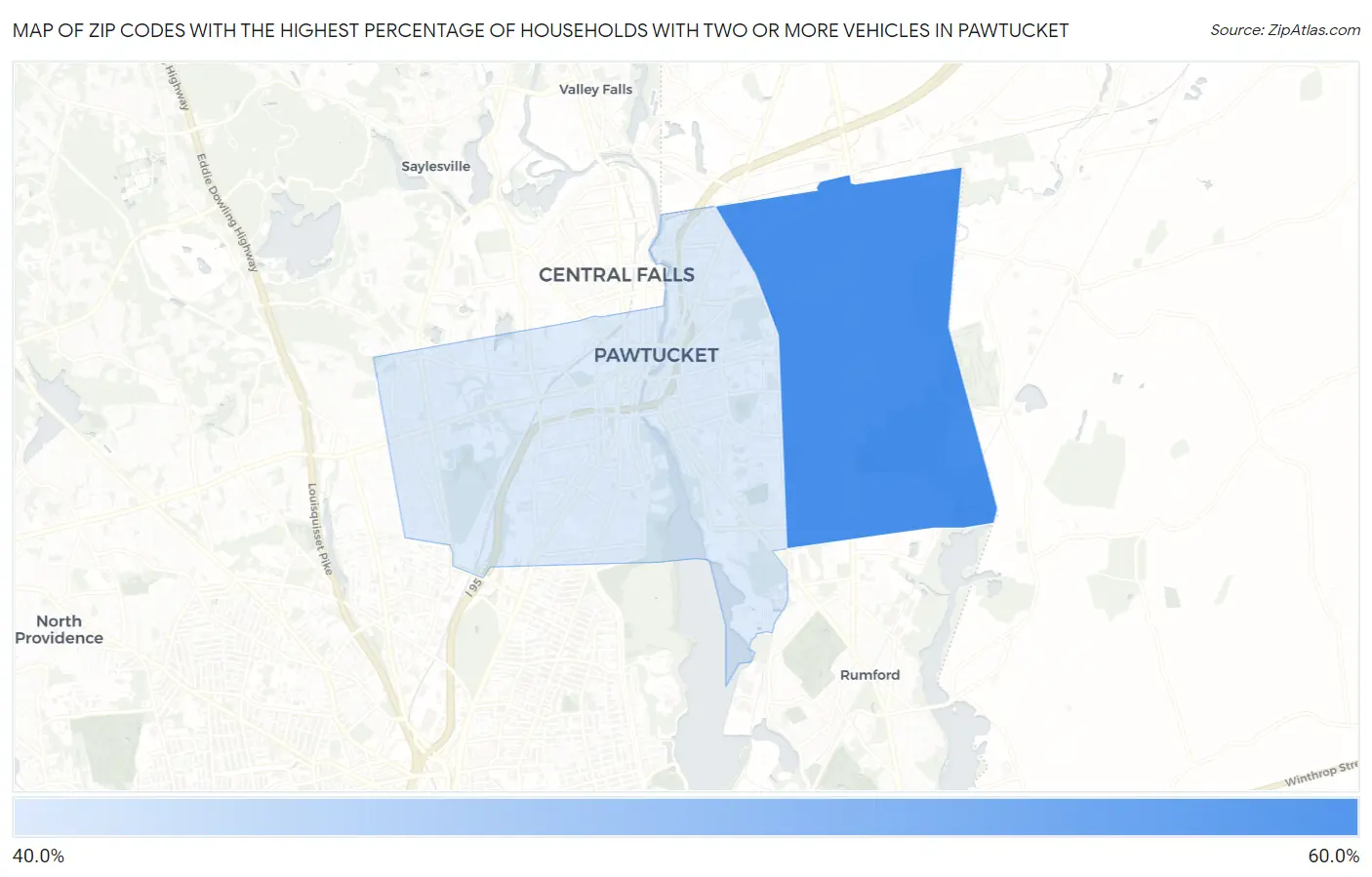 Zip Codes with the Highest Percentage of Households With Two or more Vehicles in Pawtucket Map