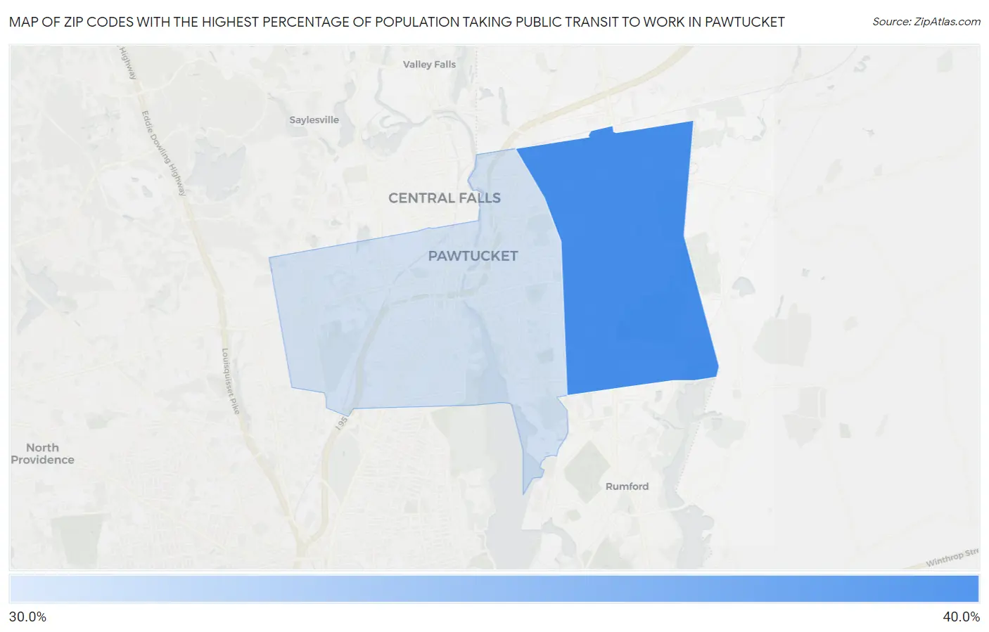 Zip Codes with the Highest Percentage of Population Taking Public Transit to Work in Pawtucket Map