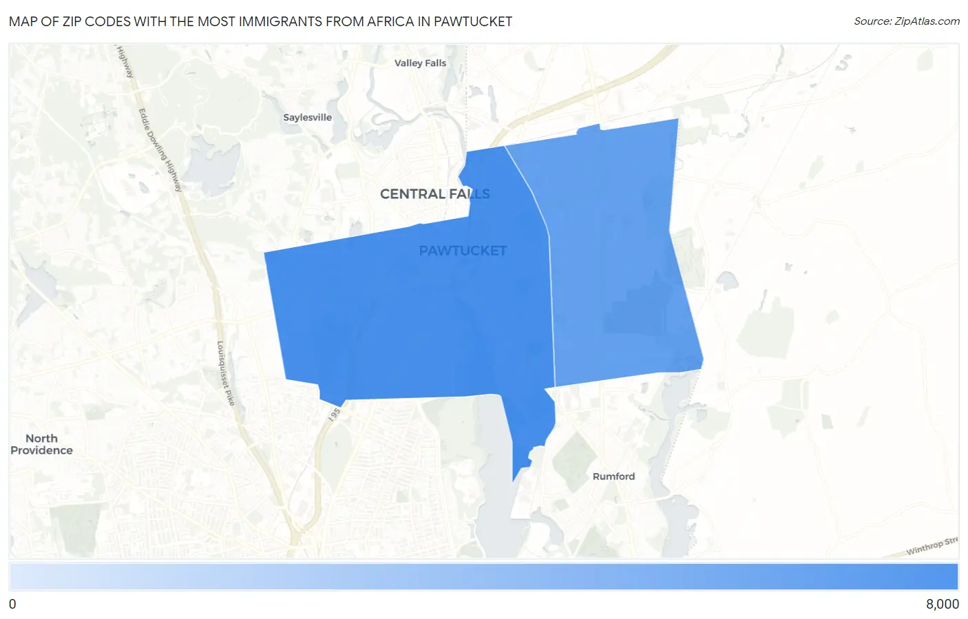 Zip Codes with the Most Immigrants from Africa in Pawtucket Map