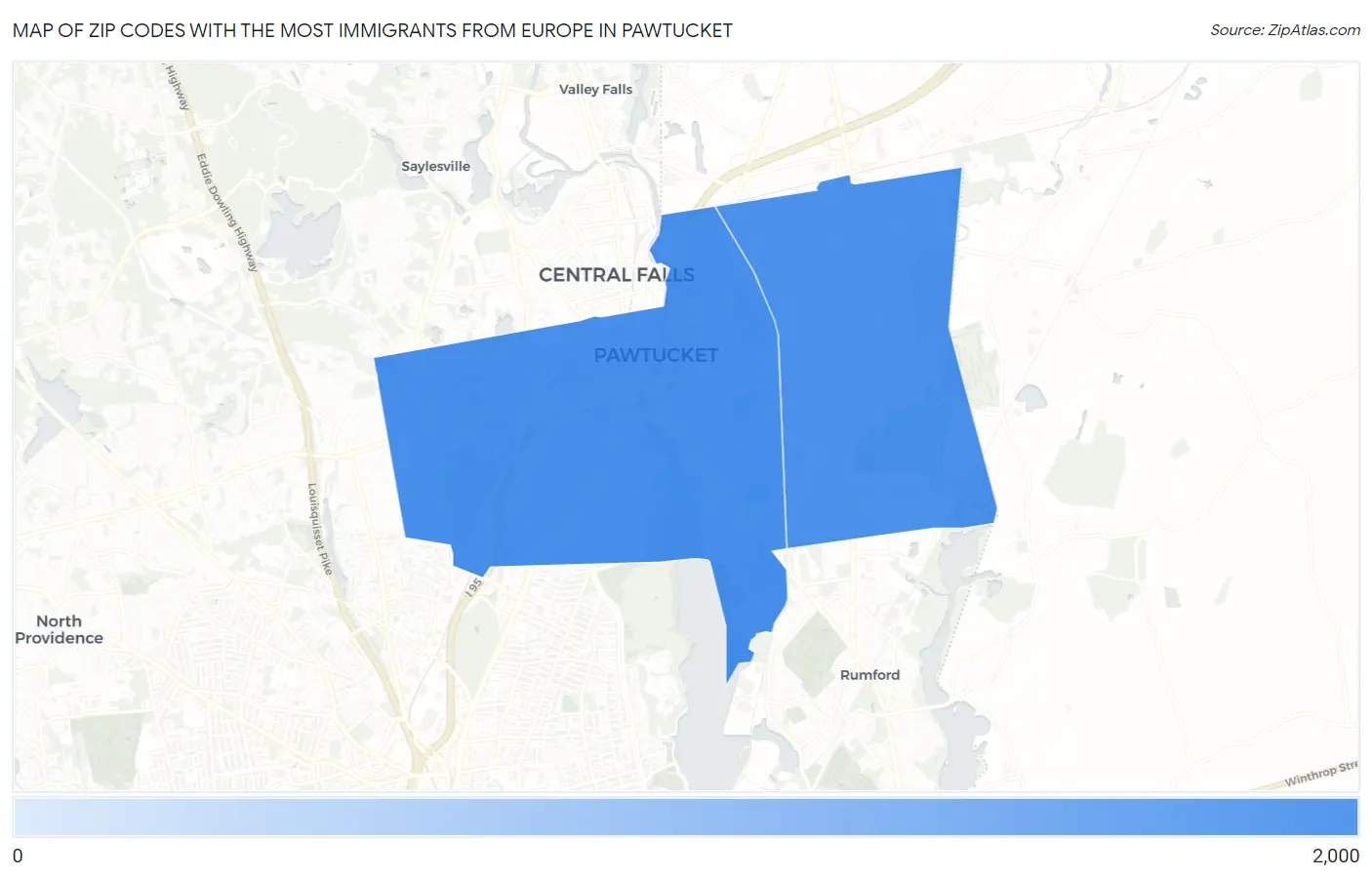 Zip Codes with the Most Immigrants from Europe in Pawtucket Map