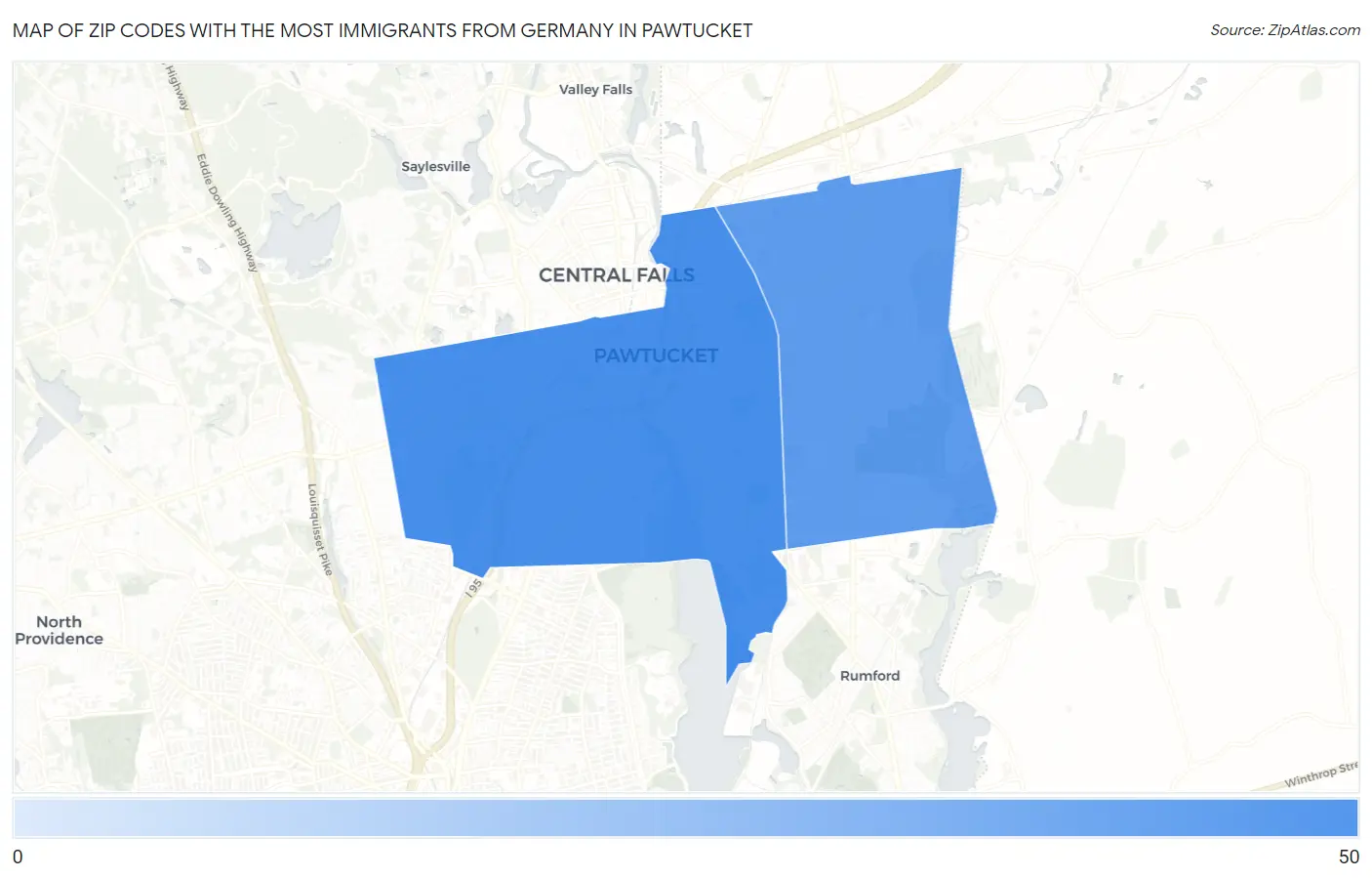 Zip Codes with the Most Immigrants from Germany in Pawtucket Map