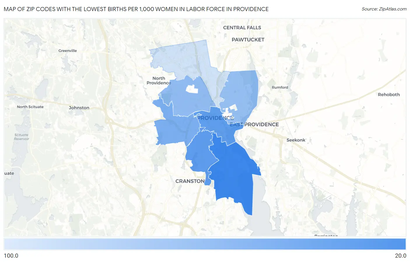 Zip Codes with the Lowest Births per 1,000 Women in Labor Force in Providence Map