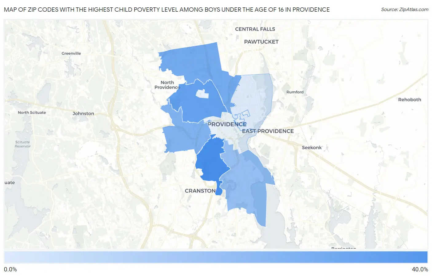 Zip Codes with the Highest Child Poverty Level Among Boys Under the Age of 16 in Providence Map