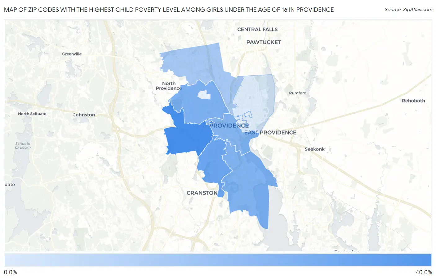 Zip Codes with the Highest Child Poverty Level Among Girls Under the Age of 16 in Providence Map