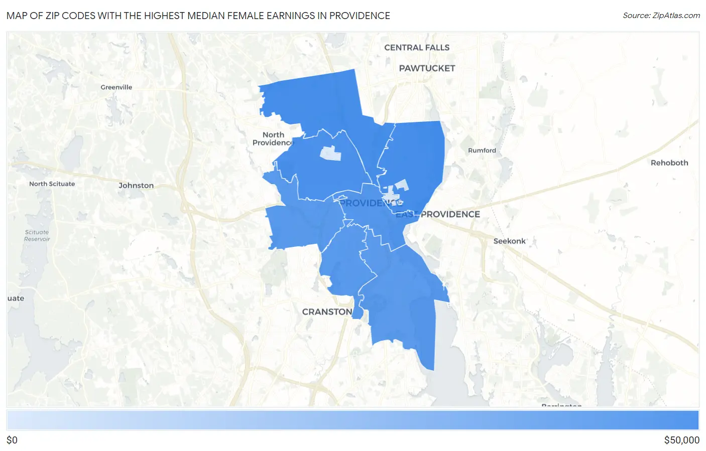 Zip Codes with the Highest Median Female Earnings in Providence Map