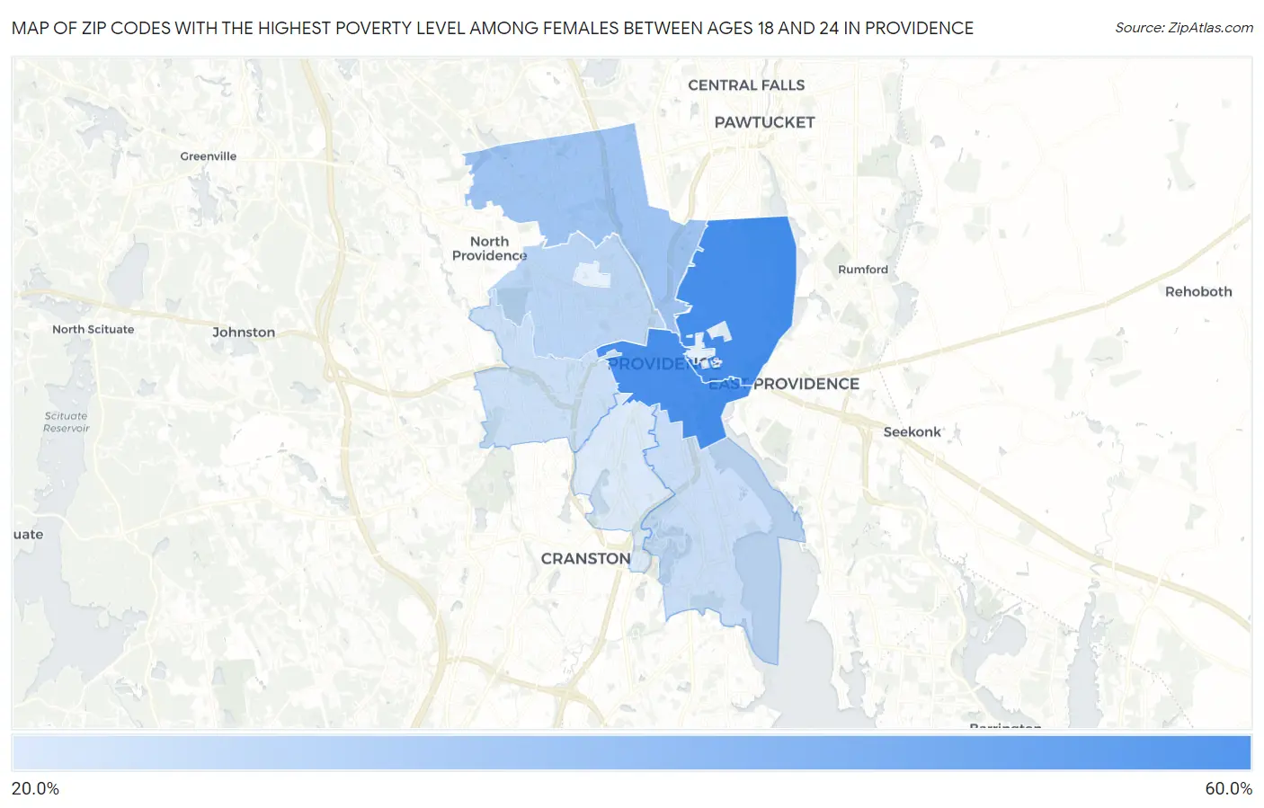 Zip Codes with the Highest Poverty Level Among Females Between Ages 18 and 24 in Providence Map