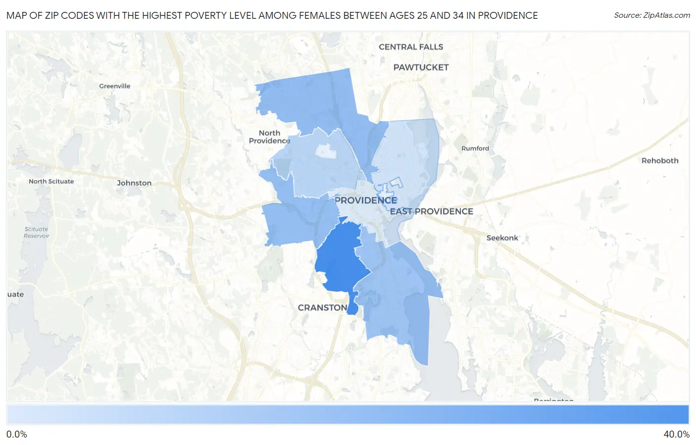 Zip Codes with the Highest Poverty Level Among Females Between Ages 25 and 34 in Providence Map